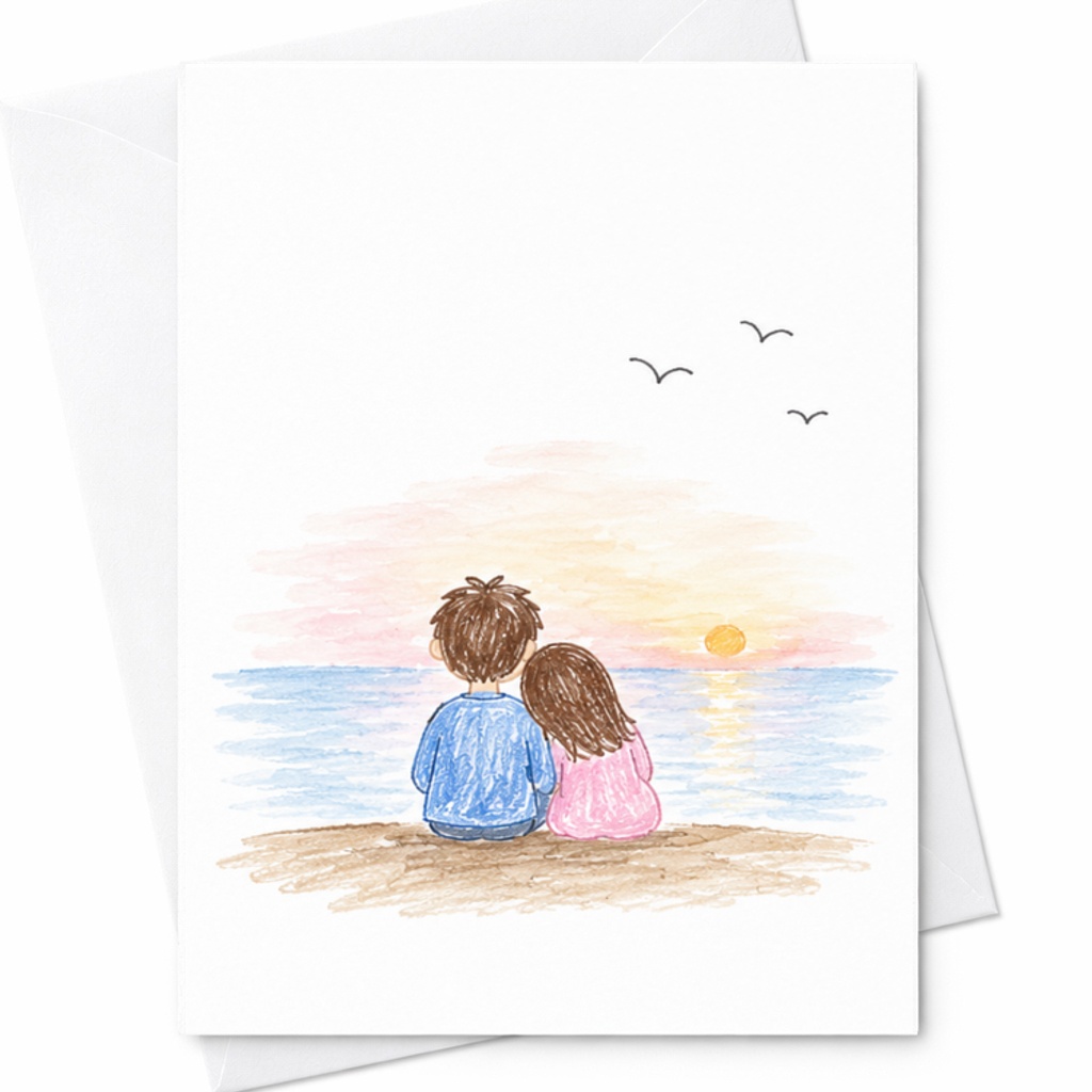Couple Watching Sunset Wedding Card Romantic Beach Scene For Newlyweds Anniversary Love Greeting Card Cute Illustration C3233
