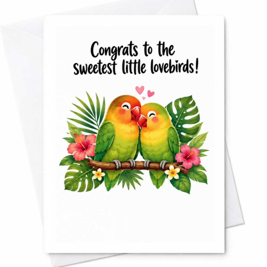 Congrats To The Sweetest Little Lovebirds Wedding Card Cute Parrot Couple Tropical Engagement Newlyweds Celebration Card C3225