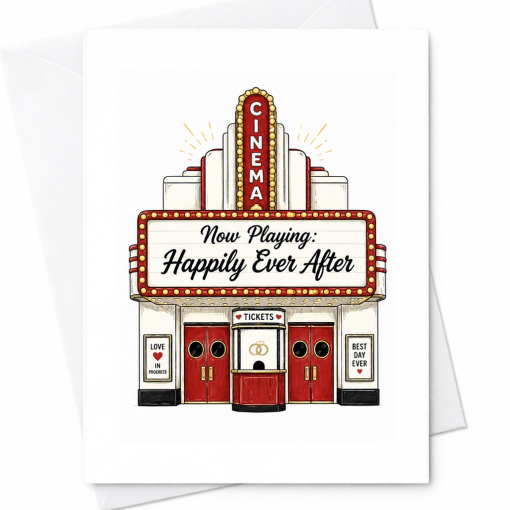 Now Playing: Happily Ever After Wedding Card Engagement Anniversary Cinema Theme Cute Couple Love Celebration Card C3231