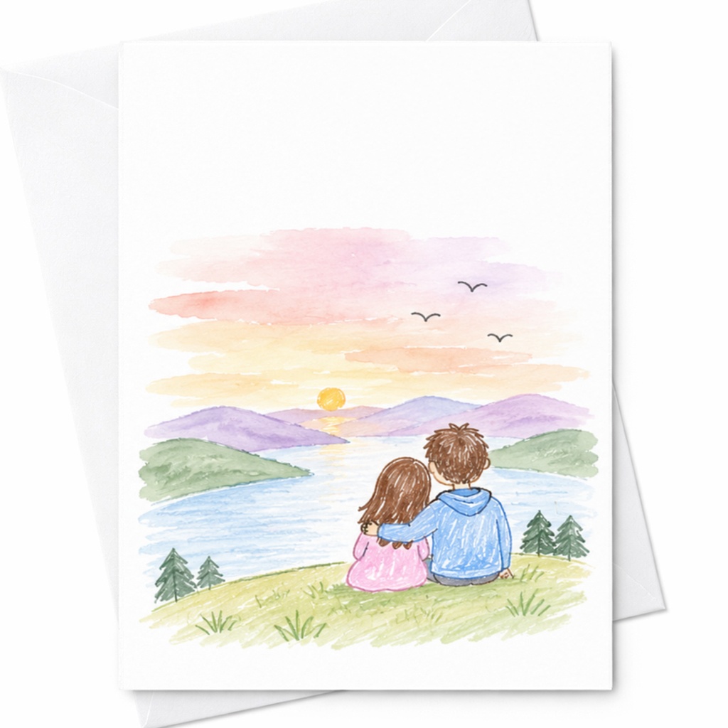 Couple Watching Sunset Wedding Card Romantic Love Greeting Card For Newlyweds Anniversary Card Watercolor Scenic View C3232