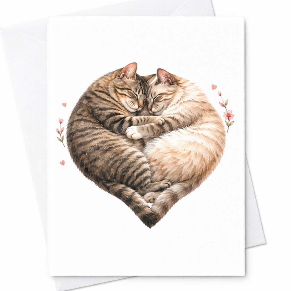 Two Cats Forming Heart Blank Greeting Card Cute Romantic Love Card For Cat Lovers Anniversary Or Valentine's Day C3234