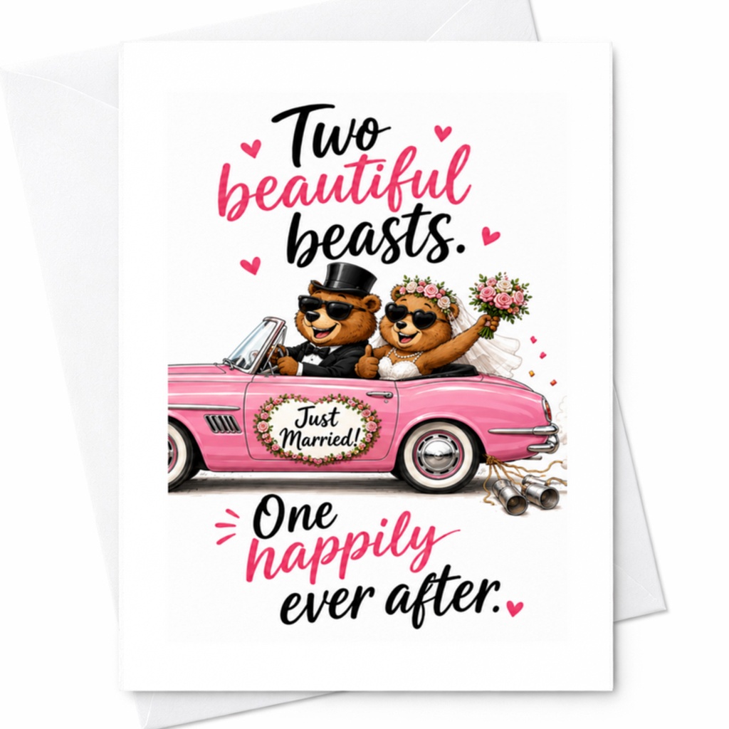 Two Beautiful Beasts Just Married Wedding Card Cute Bear Couple One Happily Ever After Romantic Newlyweds Card For Bride Groom C3242