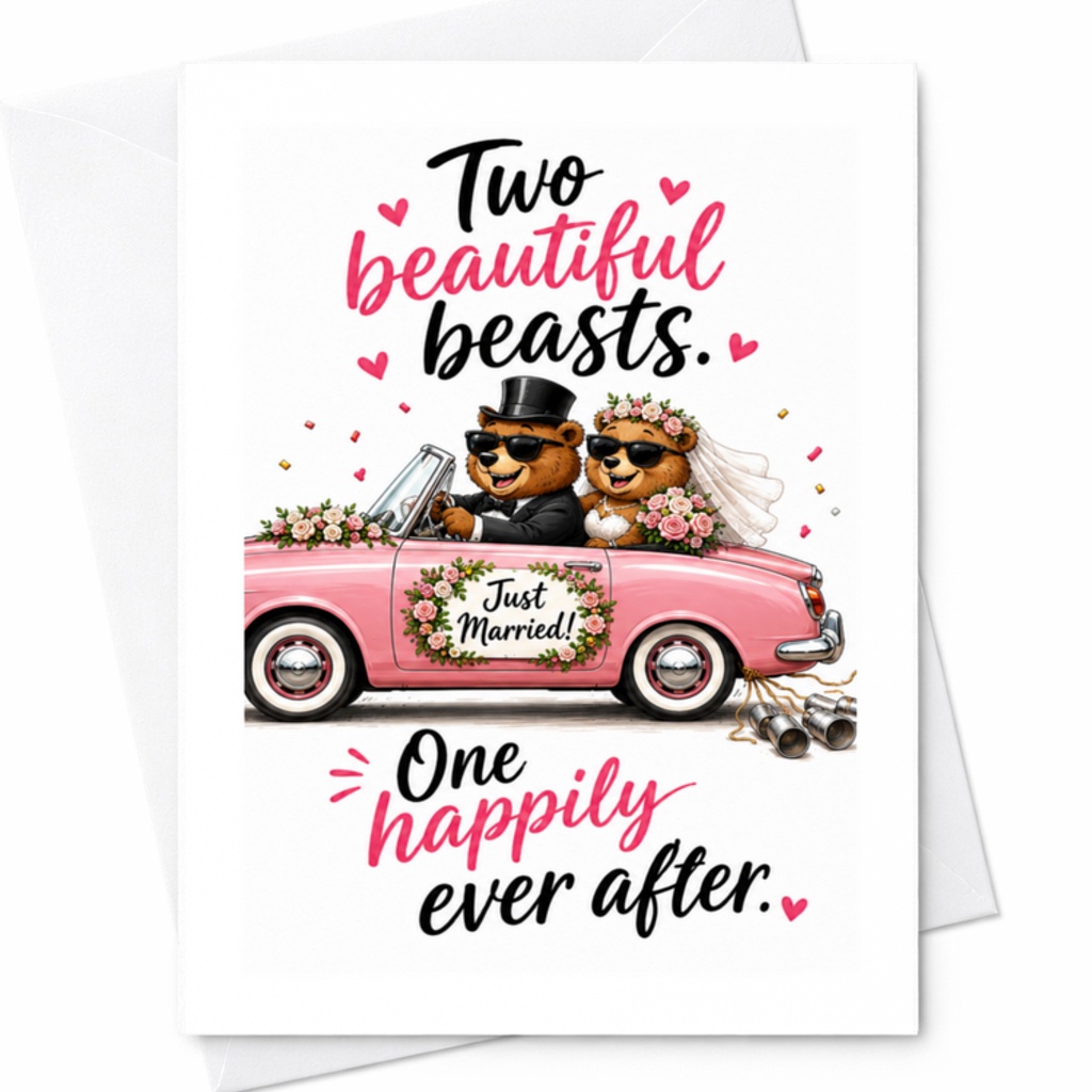 Two Beautiful Beasts One Happily Ever After Wedding Card Cute Bears Just Married Couple Romantic Greeting Card C3243