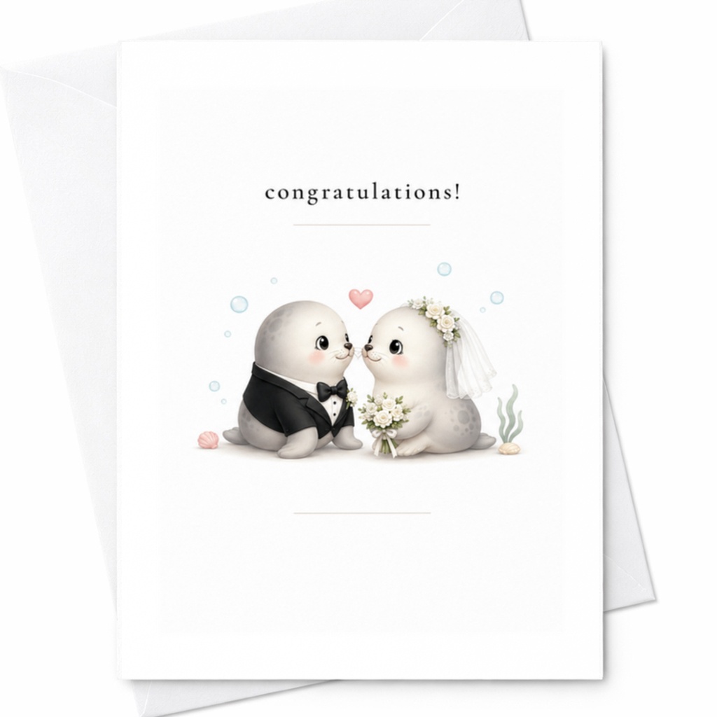 Congratulations! Cute Seal Wedding Card Adorable Animal Couple Bride Groom Marriage Celebration Card For Newlyweds C3251