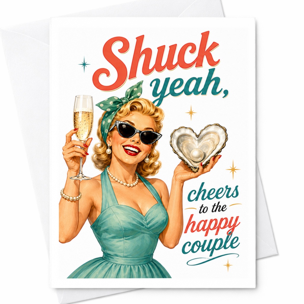 Shuck Yeah, Cheers To The Happy Couple Wedding Card Retro Style Celebration For Newlyweds Fun Vintage Inspired Greeting Card C3259