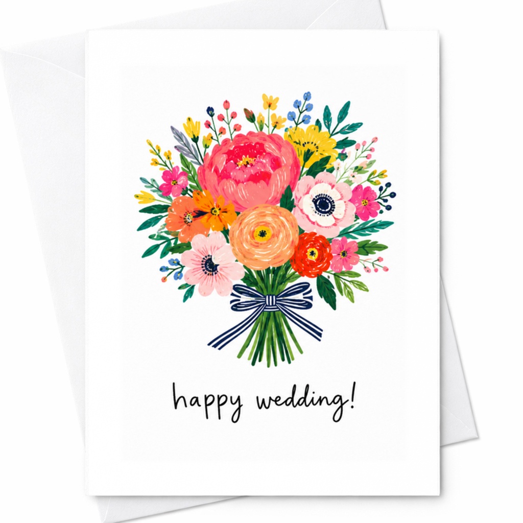 Happy Wedding! Floral Bouquet Wedding Card Romantic Greeting Card For Couple Bride Groom Beautiful Flower C3239