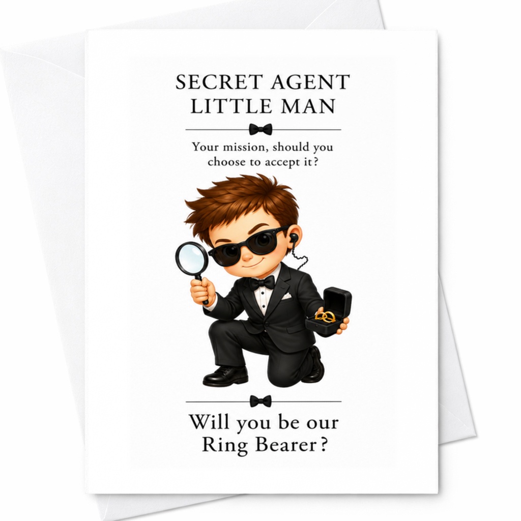 Secret Agent Little Man Ring Bearer Proposal Card Wedding Invitation Cute Secret Agent Theme For Kids Fun Wedding Card C3264