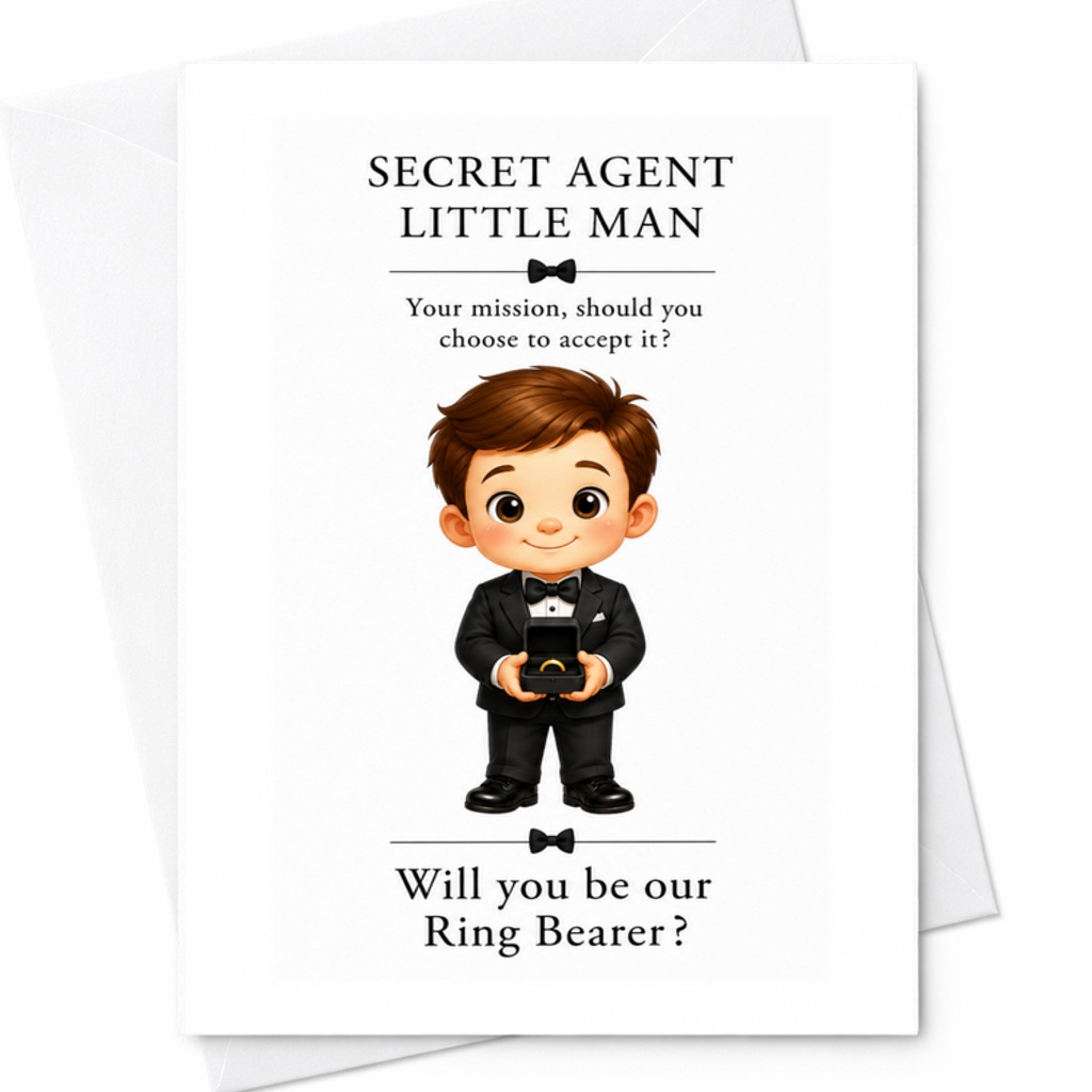 Secret Agent Little Man Ring Bearer Proposal Card Cute Wedding Invitation For Boy Mission Theme Tuxedo C3265