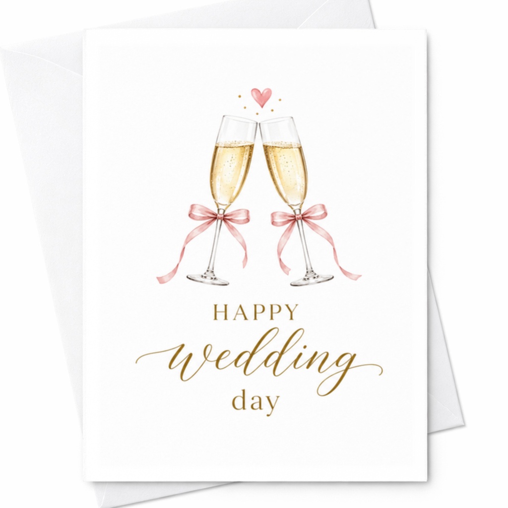 Happy Wedding Day Elegant Wedding Card Champagne Toast For Couple Classic Minimalist Celebration With Envelope C3269