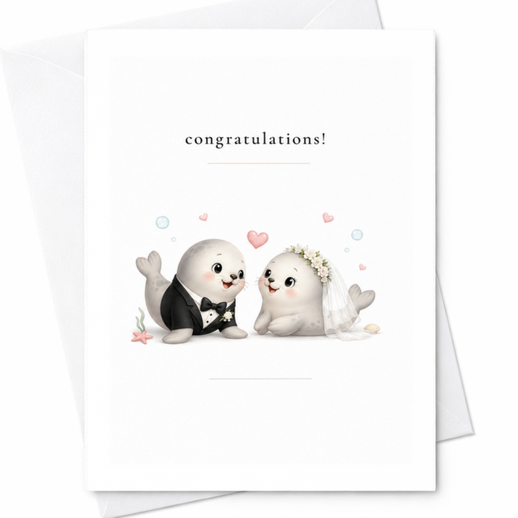 Congratulations! Wedding Card Cute Seal Couple In Wedding Attire Adorable Animal Card For Newlyweds Romantic Celebration C3250