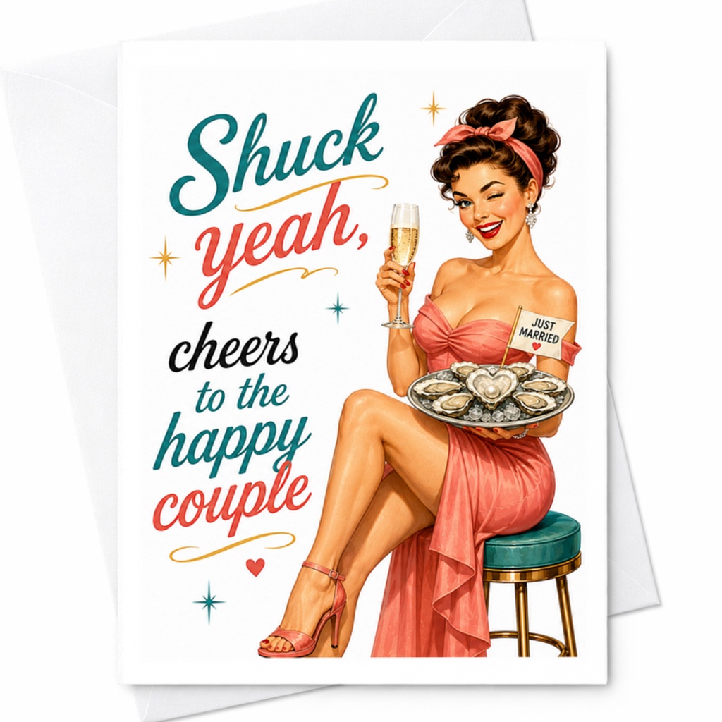 Shuck Yeah, Cheers To The Happy Couple Wedding Card Vintage Style Celebration Just Married Congrats Newlyweds C3258