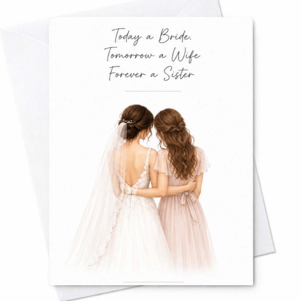 Today A Bride. Tomorrow A Wife. Forever A Sister Wedding Card Bridesmaid Bridal Shower Sister Gift Elegant Watercolor C3266