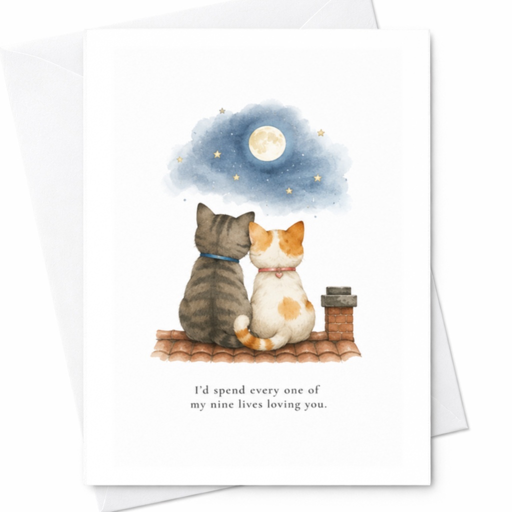 I'd Spend Every One Of My Nine Lives Loving You Anniversary Card Romantic Cats Under Moon Cute Love Card For Cat Lover C3289