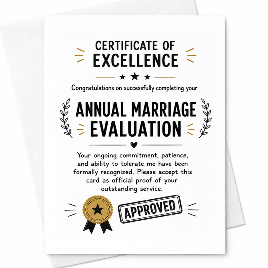 Certificate Of Excellence Annual Marriage Evaluation Anniversary Card Funny Marriage Certificate For Husband Wife Couple C3298