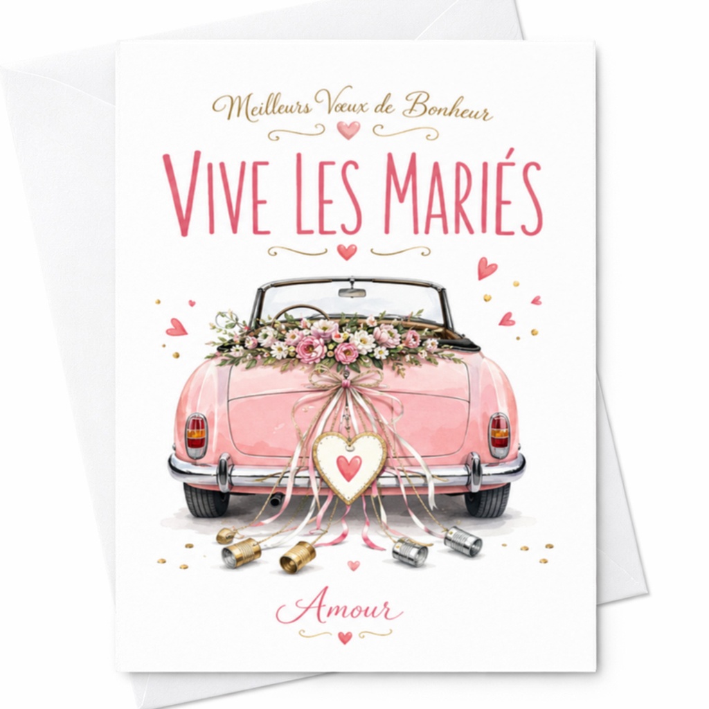 Meilleurs Vœux De Bonheur Vive Les Mariés Amour Wedding Card Romantic Just Married Greeting Card For Couple Cute Pink Car C3302