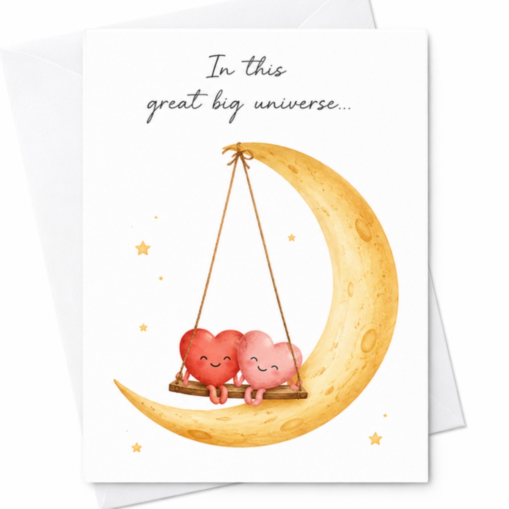 In This Great Big Universe Love Card Cute Hearts On Moon Swing Romantic Greeting Card Anniversary Wedding For Couple C3313