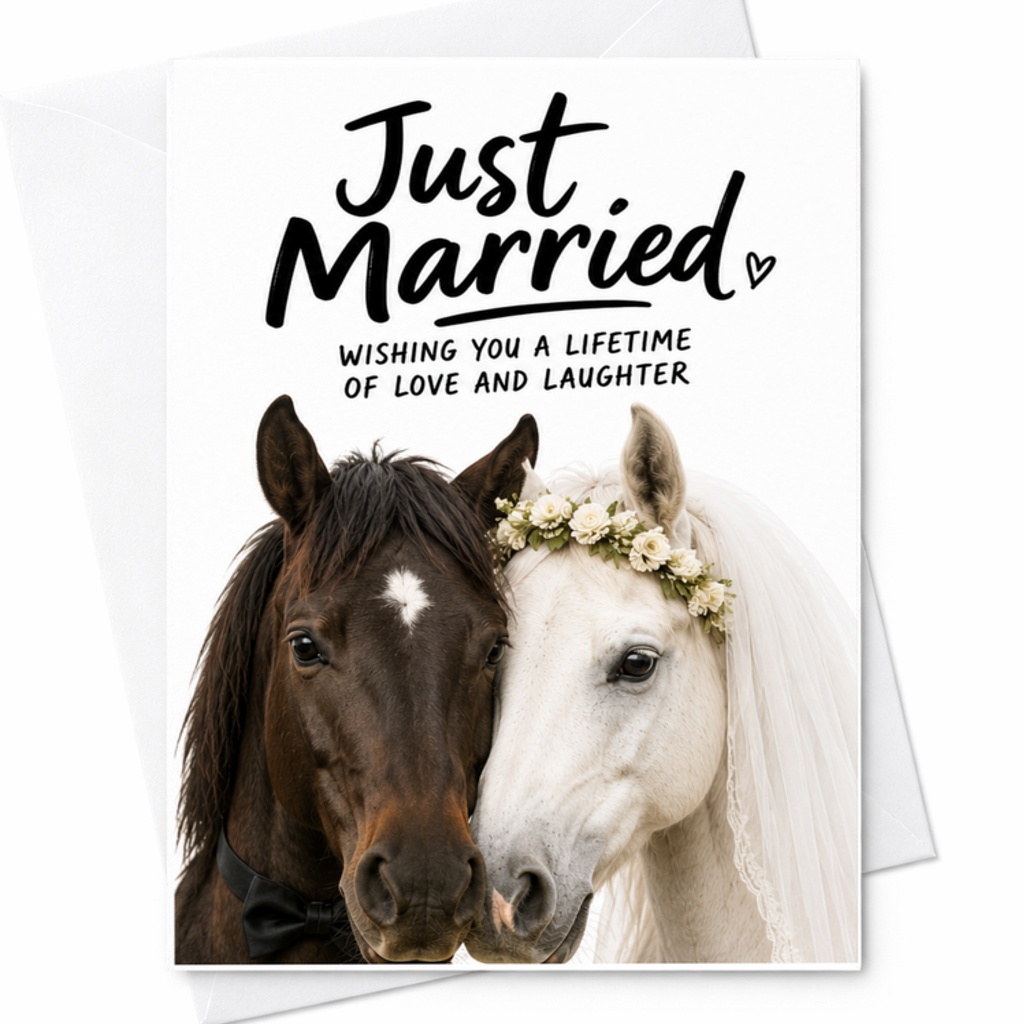 Just Married Wishing You A Lifetime Of Love And Laughter Wedding Card Cute Horse Couple For Newlyweds Romantic Animal Card C3319