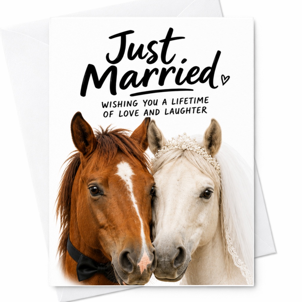 Just Married Wishing You A Lifetime Of Love And Laughter Wedding Card Cute Horse Couple For Newlyweds Bride Groom C3320