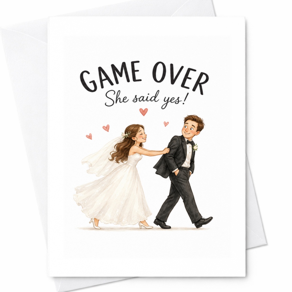 Game Over She Said Yes Wedding Card Funny Bride Groom Illustration Engagement Congratulations Card For Couple Cute Marriage C3326