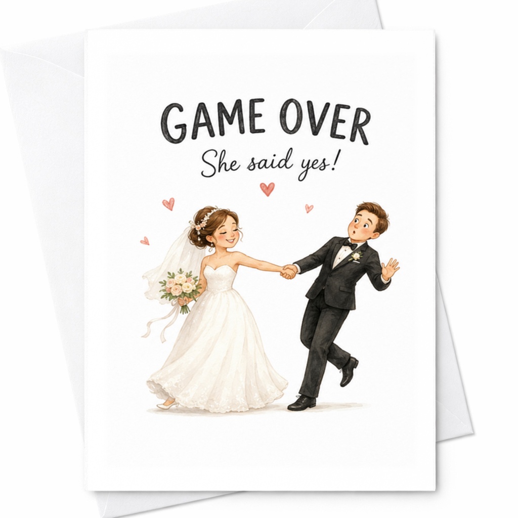 Game Over She Said Yes Wedding Card Funny Bride Groom Illustration Engagement Congratulations Newlyweds Cute Marriage Card C3327