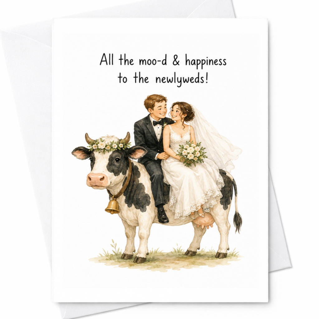 All The Moo-D & Happiness To The Newlyweds! Funny Wedding Card Bride Groom Cute Animal Newlyweds Congratulations Card C3331