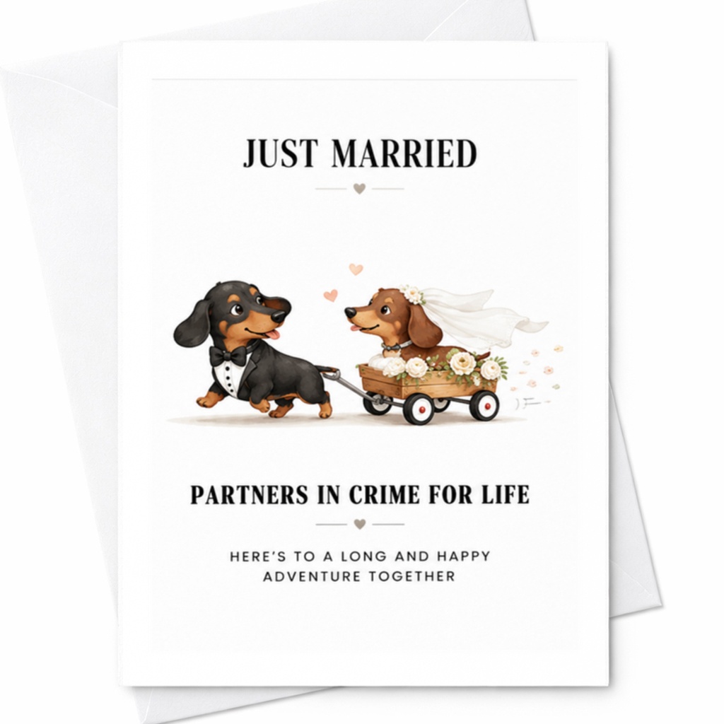 Just Married Partners In Crime For Life Wedding Card Cute Dachshund Couple Just Married Card For Bride Groom Animal Lover C3334