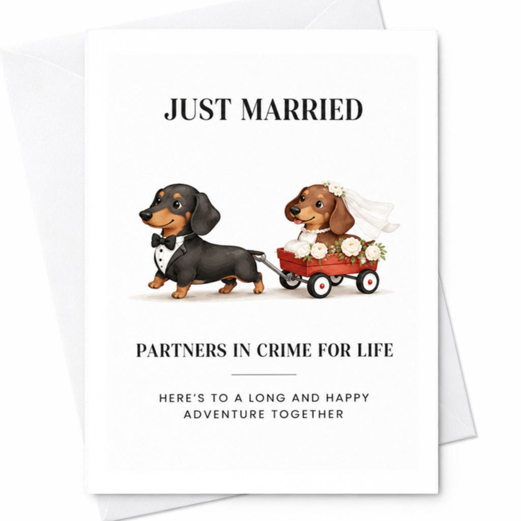 Just Married Partners In Crime For Life Wedding Card Cute Dachshund Couple Just Married Card For Bride Groom Animal Lover C3335