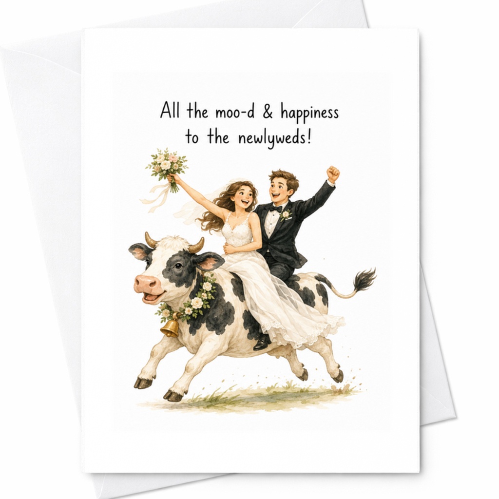 All The Moo-D & Happiness To The Newlyweds! Funny Wedding Card Bride Groom Newlywed Congratulations Cute Animal C3330