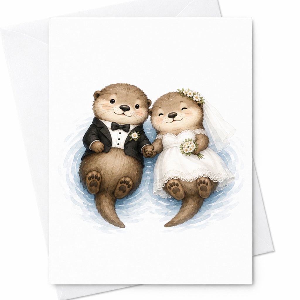 Otter Couple Wedding Card Cute Animal Bride Groom Illustration Romantic Greeting Card For Newlyweds Anniversary Love Card C3351