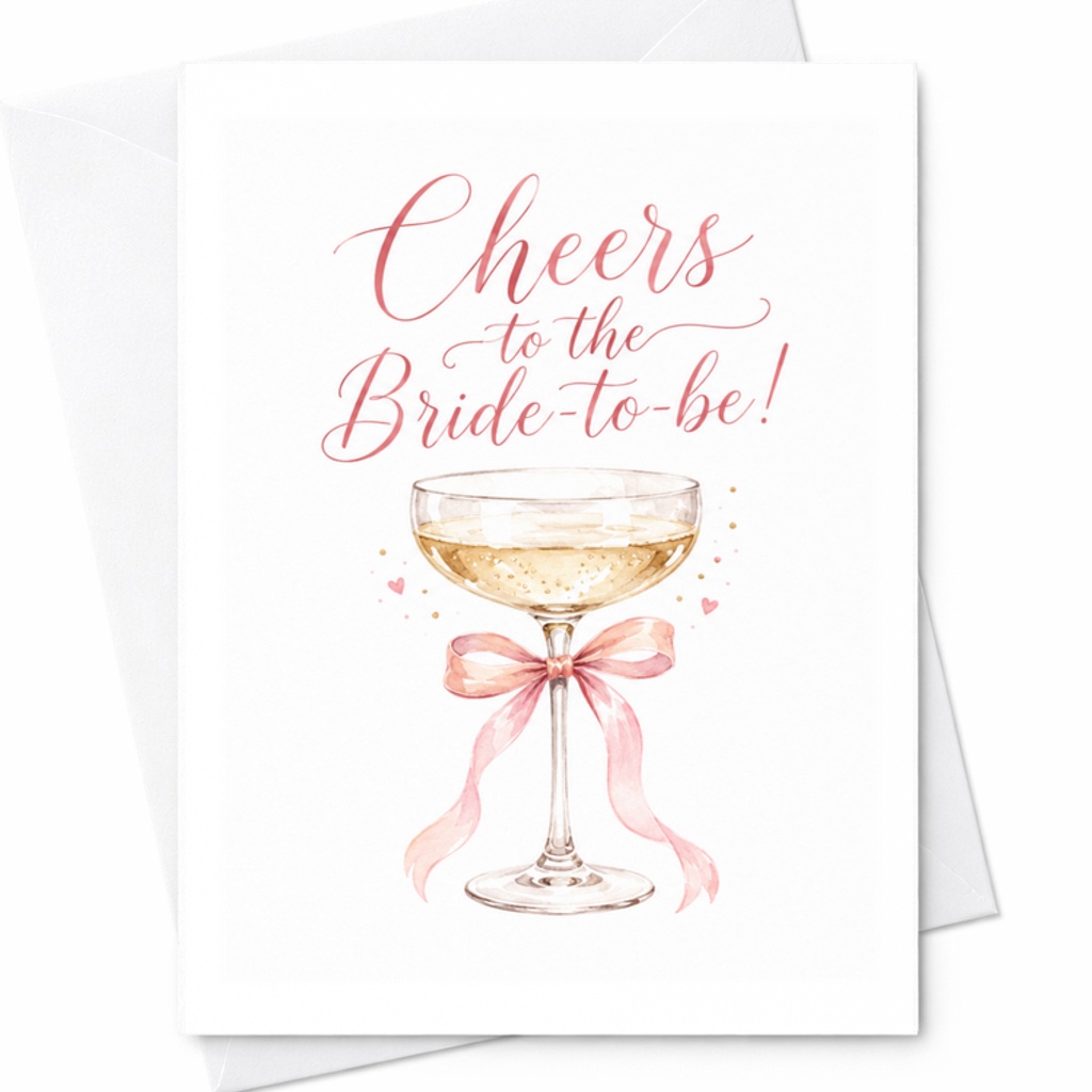 Cheers To The Bride-To-Be Bridal Shower Card Engagement Celebration For Bride Cute Champagne Glass With Pink Ribbon C3353