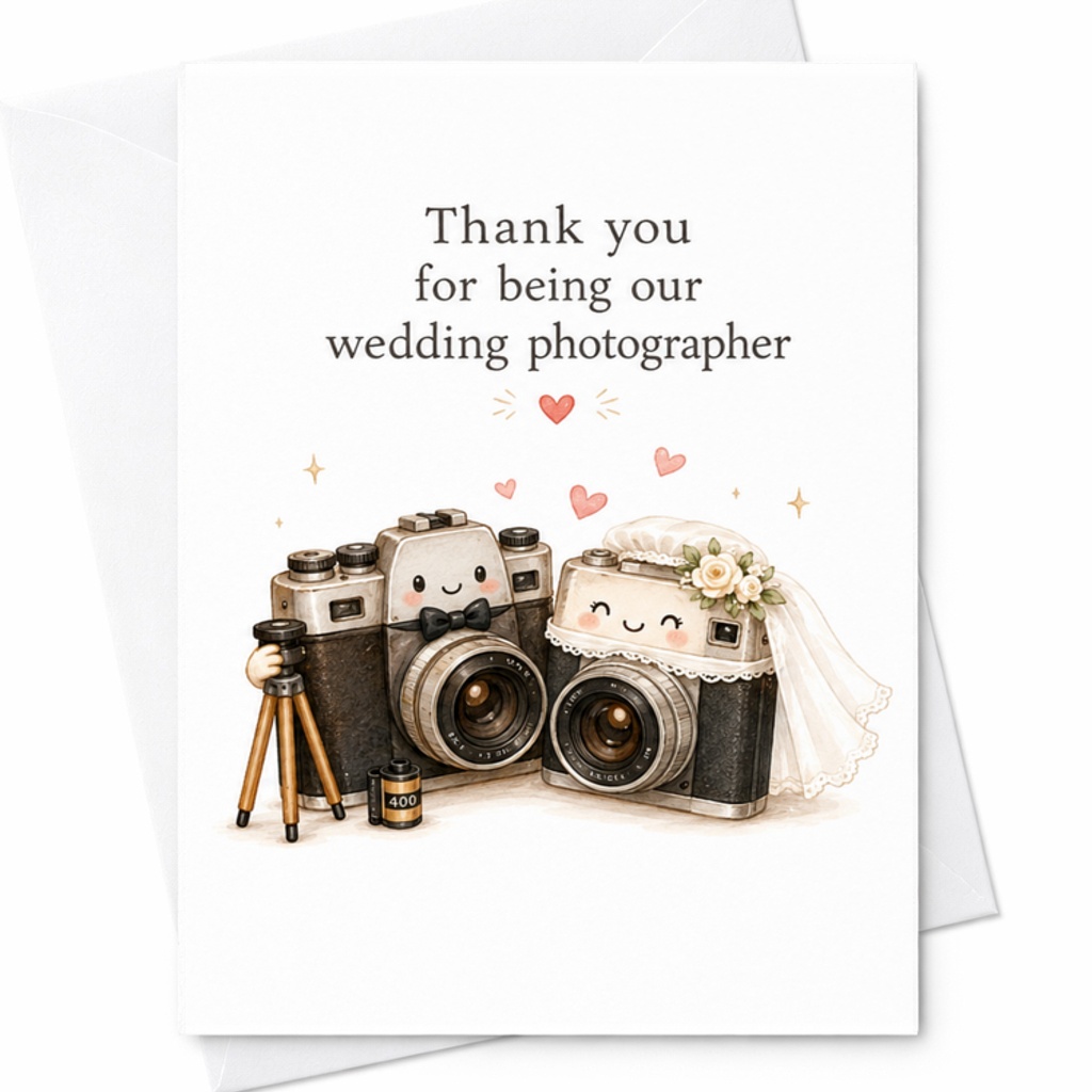 Thank You For Being Our Wedding Photographer Cute Camera Couple Wedding Thank You Card Appreciation For Capturing Special Moments C3354