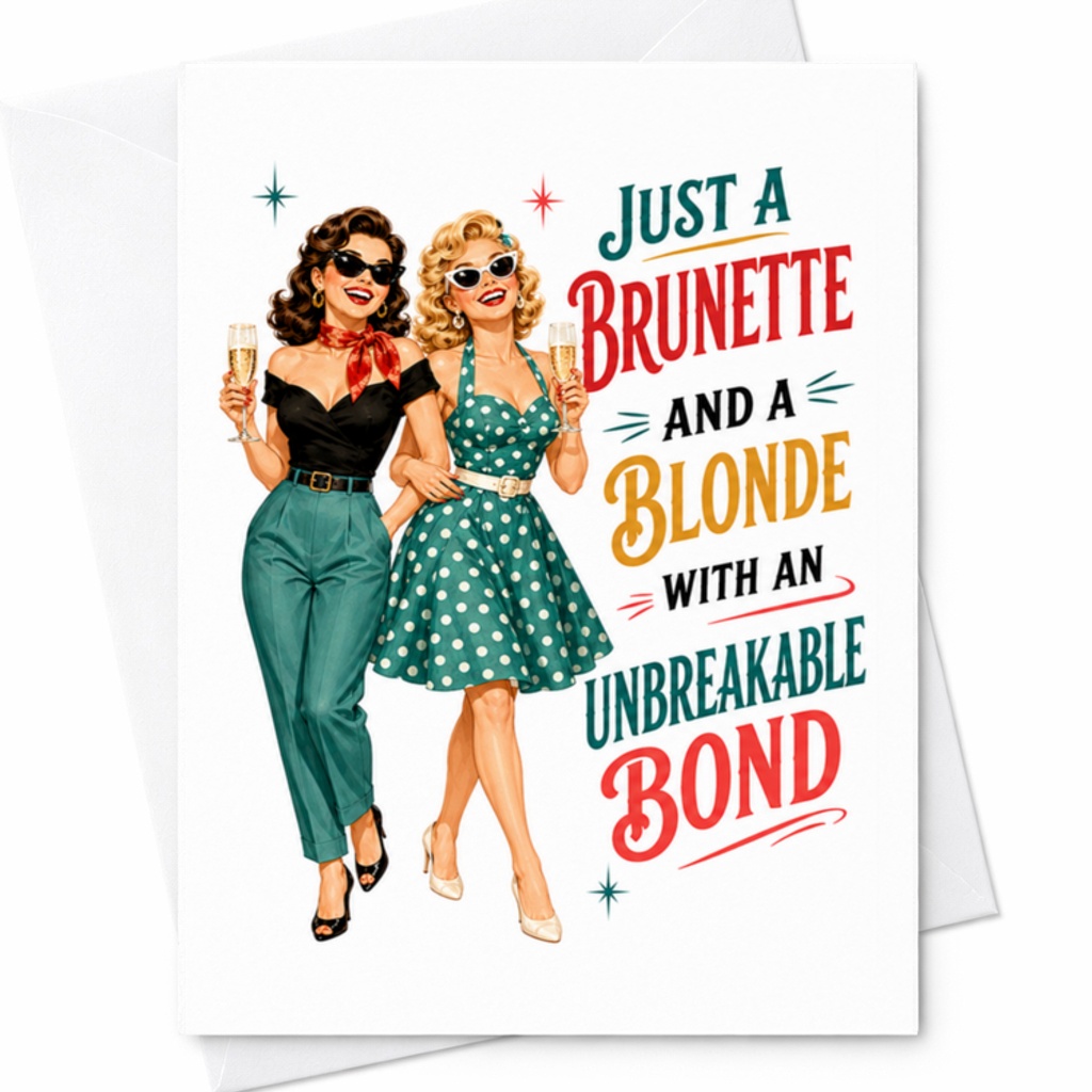 Just A Brunette And A Blonde With An Unbreakable Bond Friendship Card For Best Friends Retro Style Fun Celebration Card C3363
