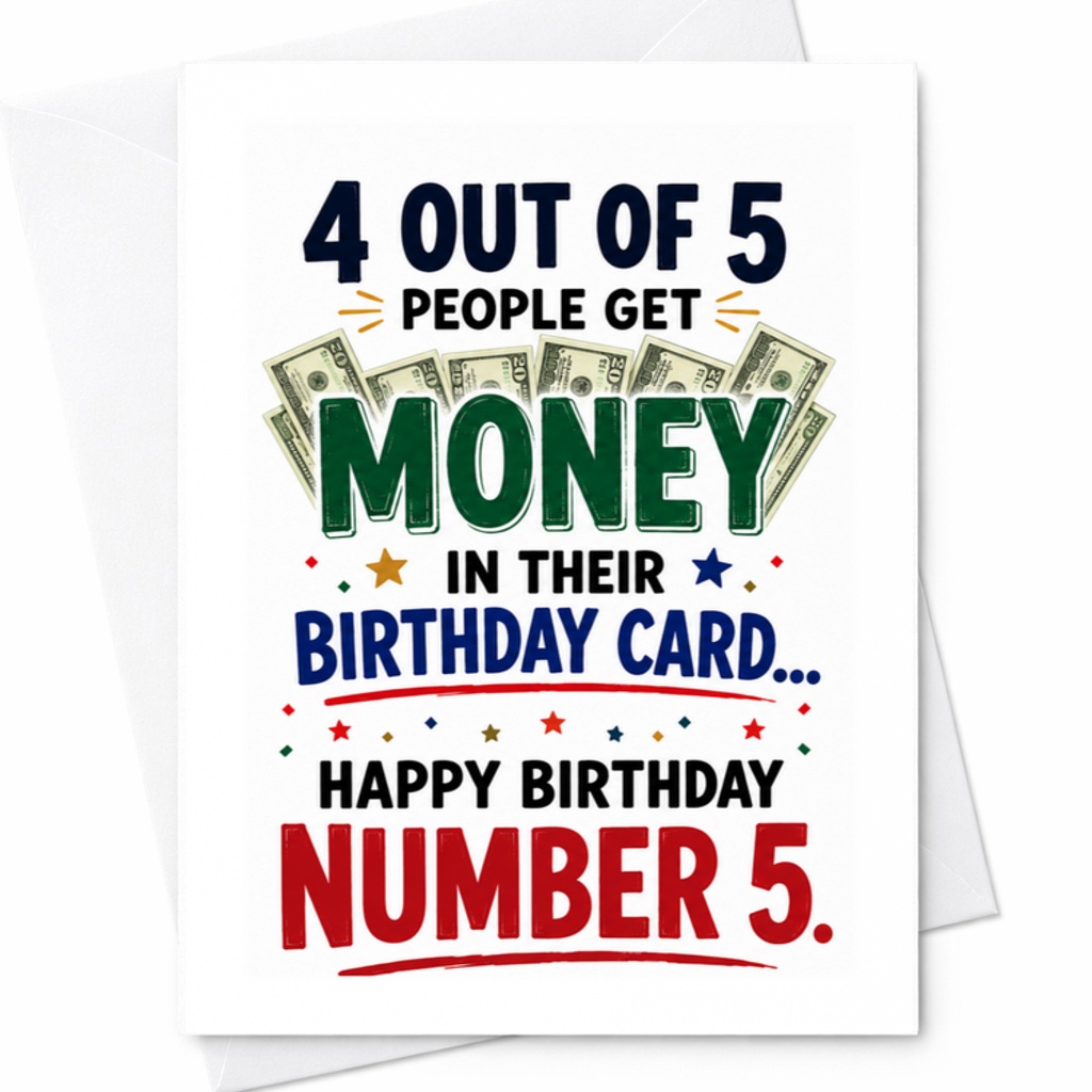 4 Out Of 5 People Get Money In Their Birthday Card... Happy Birthday Number 5. Funny Birthday Card For Friends Family C3379