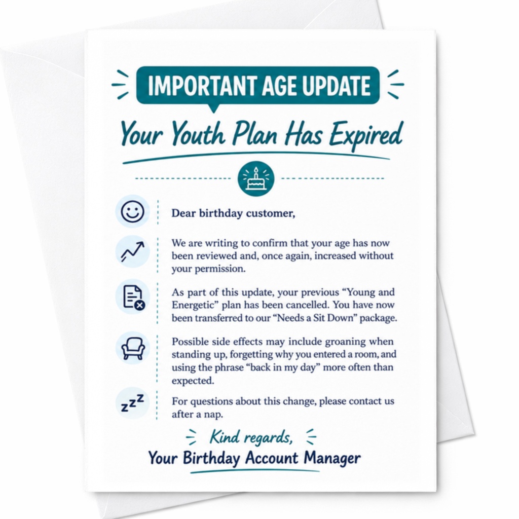 Important Age Update Your Youth Plan Has Expired Funny Birthday Card Aging Theme For Friend Adult Birthday Celebration C3364