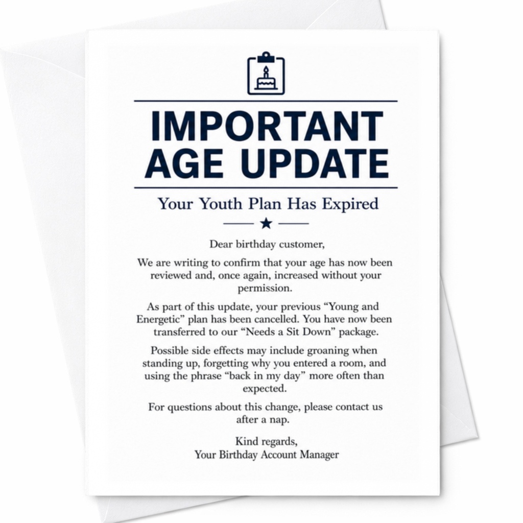 Important Age Update Your Youth Plan Has Expired Funny Birthday Card Greeting For Friend Family Aging C3365