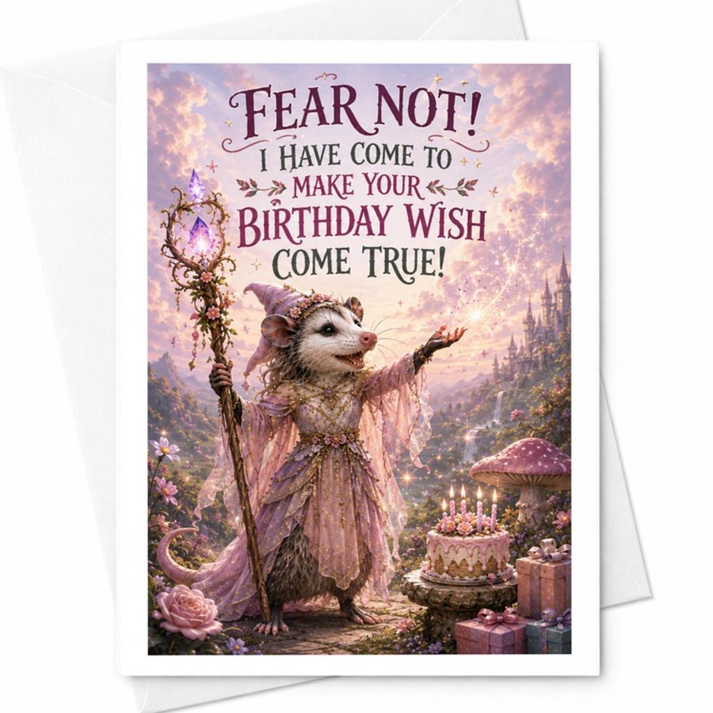 Fear Not! I Have Come To Make Your Birthday Wish Come True! Fun Birthday Card Magical Possum Fantasy Art For Friend Cute Animal C3392