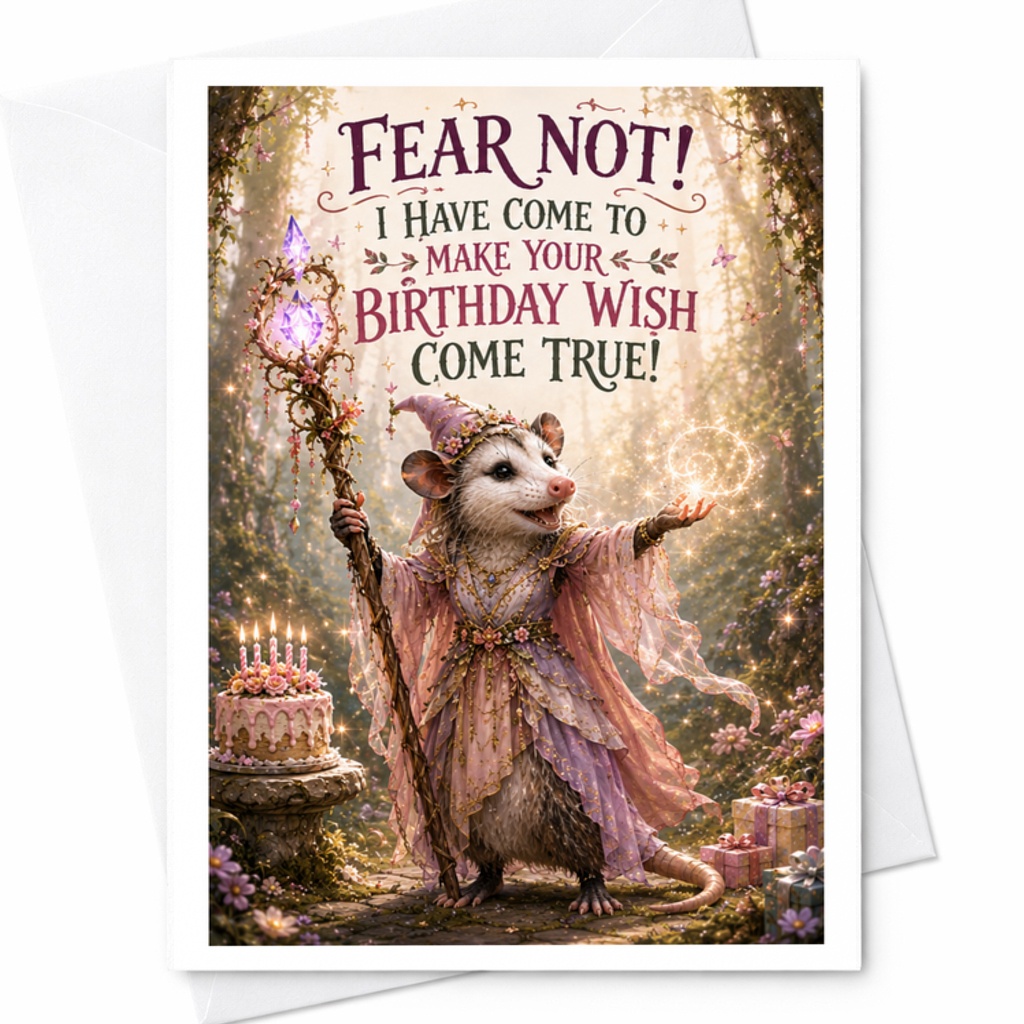 Fear Not! I Have Come To Make Your Birthday Wish Come True! Fun Birthday Card Magical Possum Fantasy Birthday Card For Friend C3393