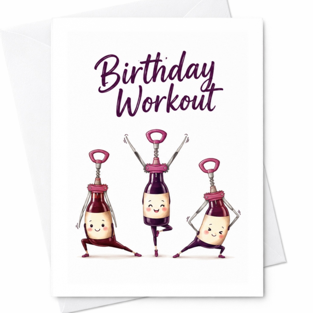 Birthday Workout Funny Birthday Card Wine Bottle Characters Exercising Fitness Pun For Gym Lovers Men Women Cute Illustration C3410