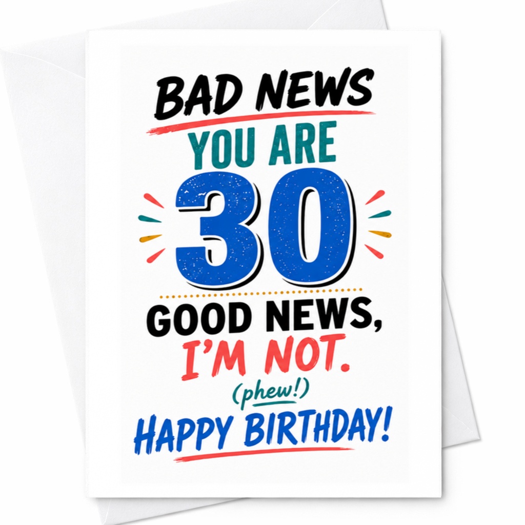 Bad News You Are 30 Good News, I'm Not Funny 30th Birthday Card For Friend Brother Sister Happy Birthday Card C3431