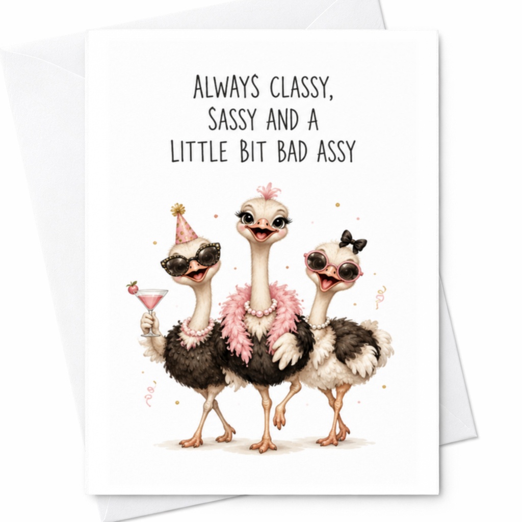 Always Classy, Sassy And A Little Bit Bad Assy Fun Birthday Card For Her Funny Ostrich Party Animal Card Cute Celebration C3439
