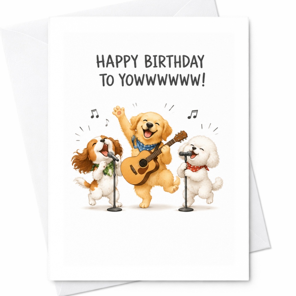 Happy Birthday To Yowwwwww! Funny Singing Dog Birthday Card Cartoon Music Theme Animal Lovers Pet Owners Cute Dog Card C3446