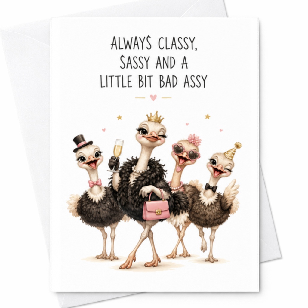 Always Classy, Sassy And A Little Bit Bad Assy Fun Birthday Card For Her Funny Ostrich Illustration Cute Animal Card C3438