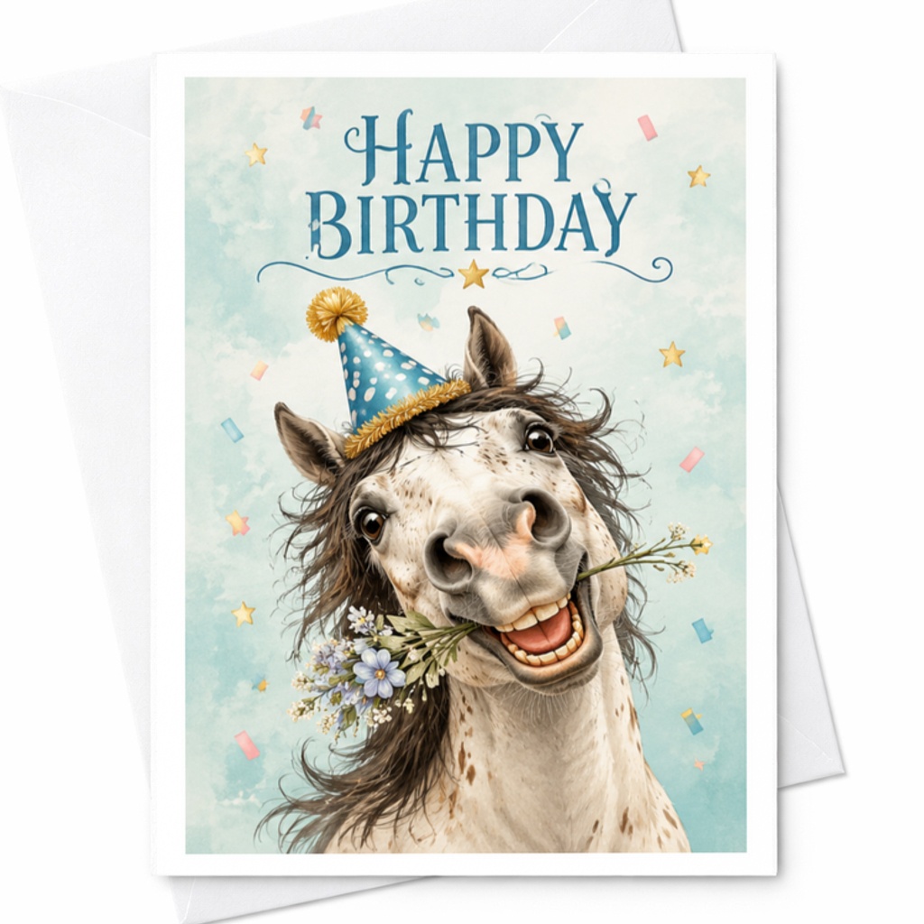 Happy Birthday Funny Horse Birthday Card Cute Animal Party Hat Flowers For Friend Family Kids Celebration Card C3478