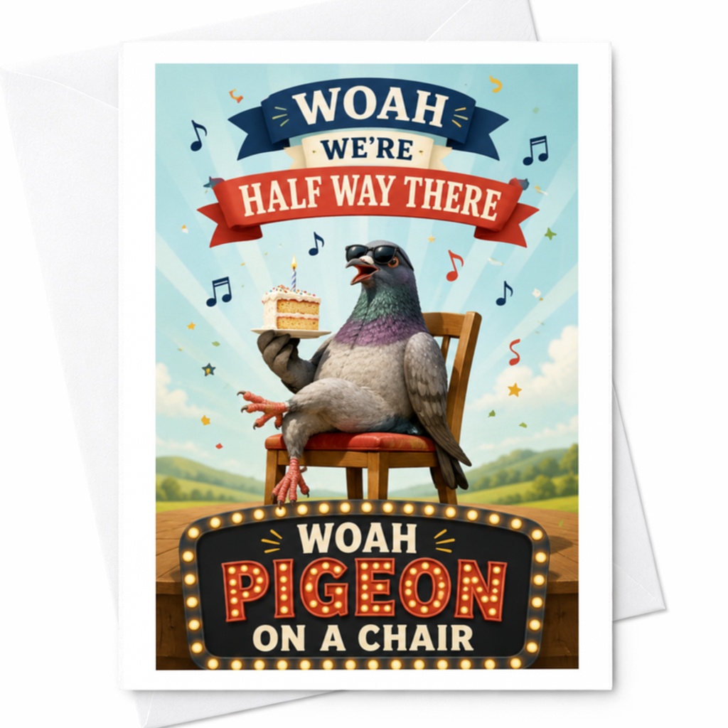 Woah We're Half Way There Woah Pigeon On A Chair Funny Birthday Card Animal Card For Friend Celebration C3482