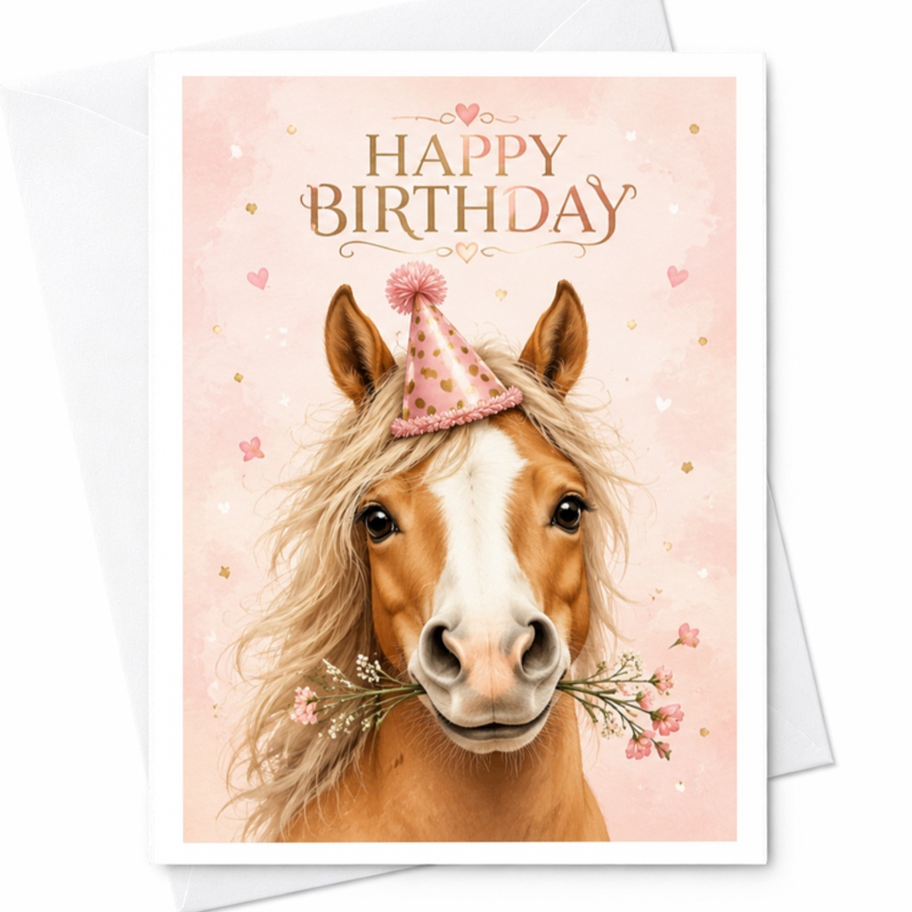 Happy Birthday Cute Horse Birthday Card With Party Hat Floral For Animal Lover Fun Celebration Card C3479