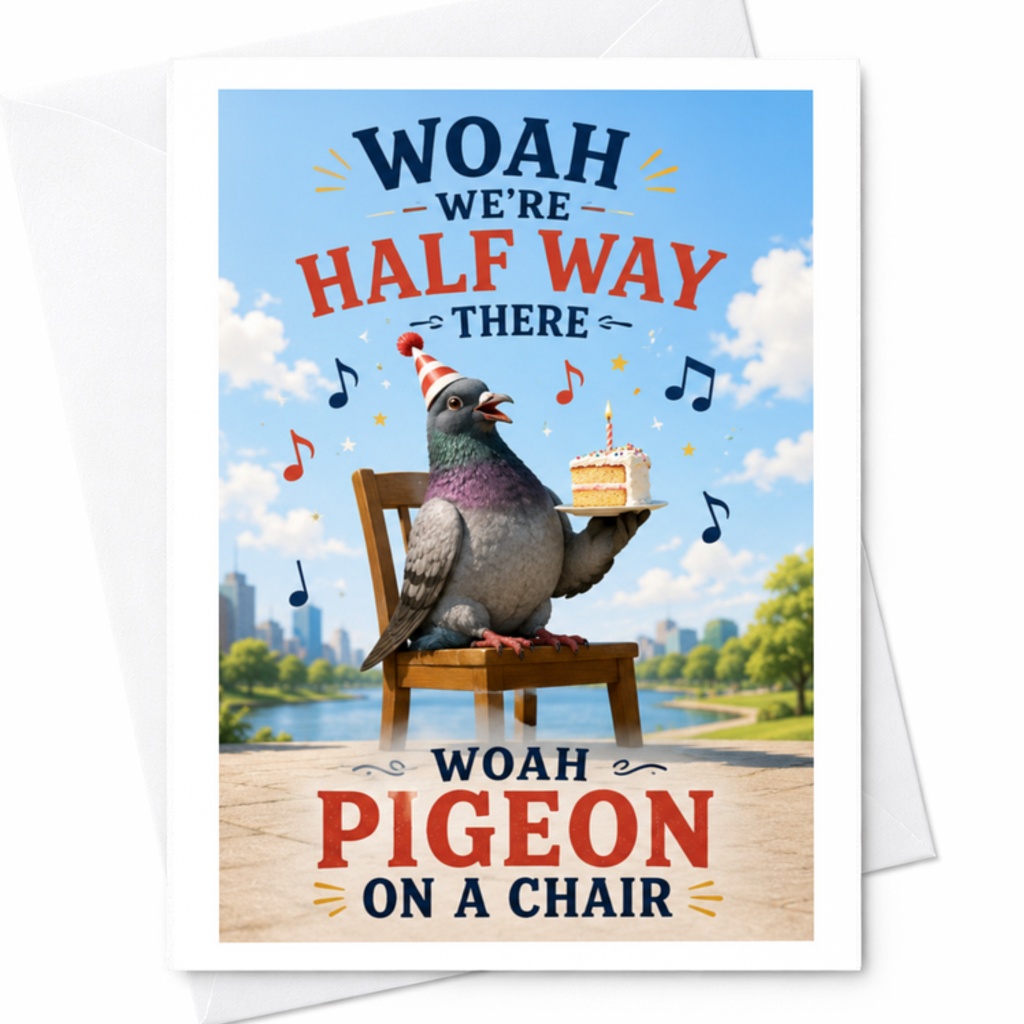 Woah We're Half Way There Woah Pigeon On A Chair Funny Birthday Card Animal Card For Friend Celebration C3483