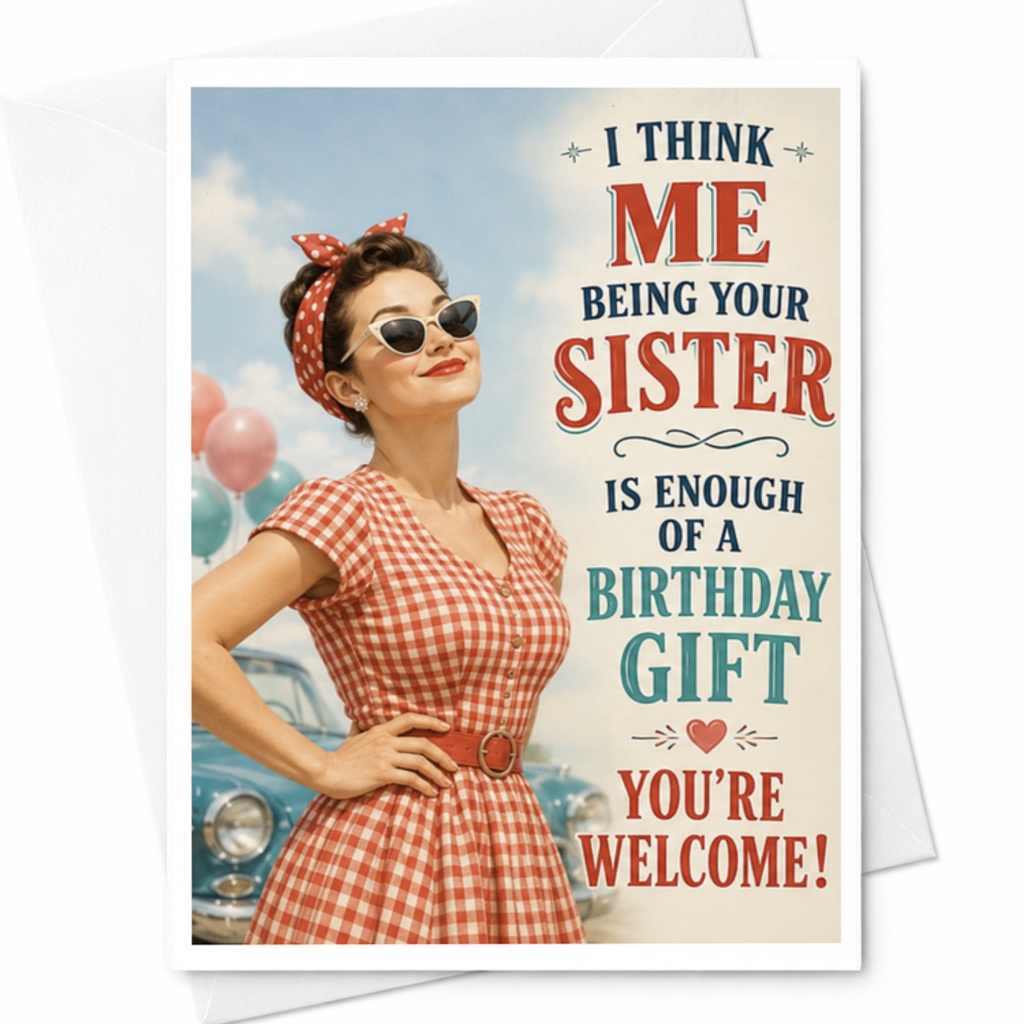 I Think Me Being Your Sister Is Enough Of A Birthday Gift You're Welcome! Funny Birthday Card For Sister Retro Style C3514