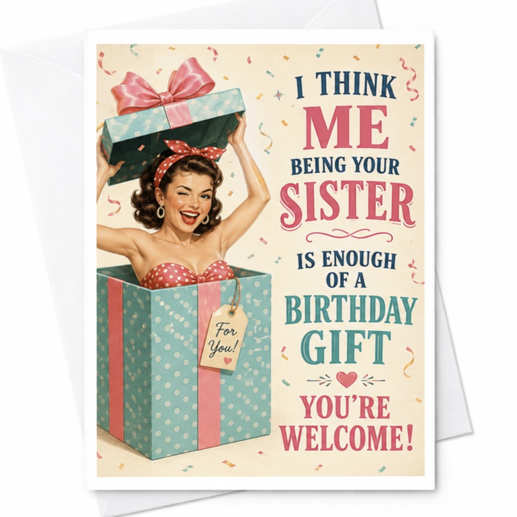 I Think Me Being Your Sister Is Enough Of A Birthday Gift You're Welcome! Funny Birthday Card For Sister Celebration C3515