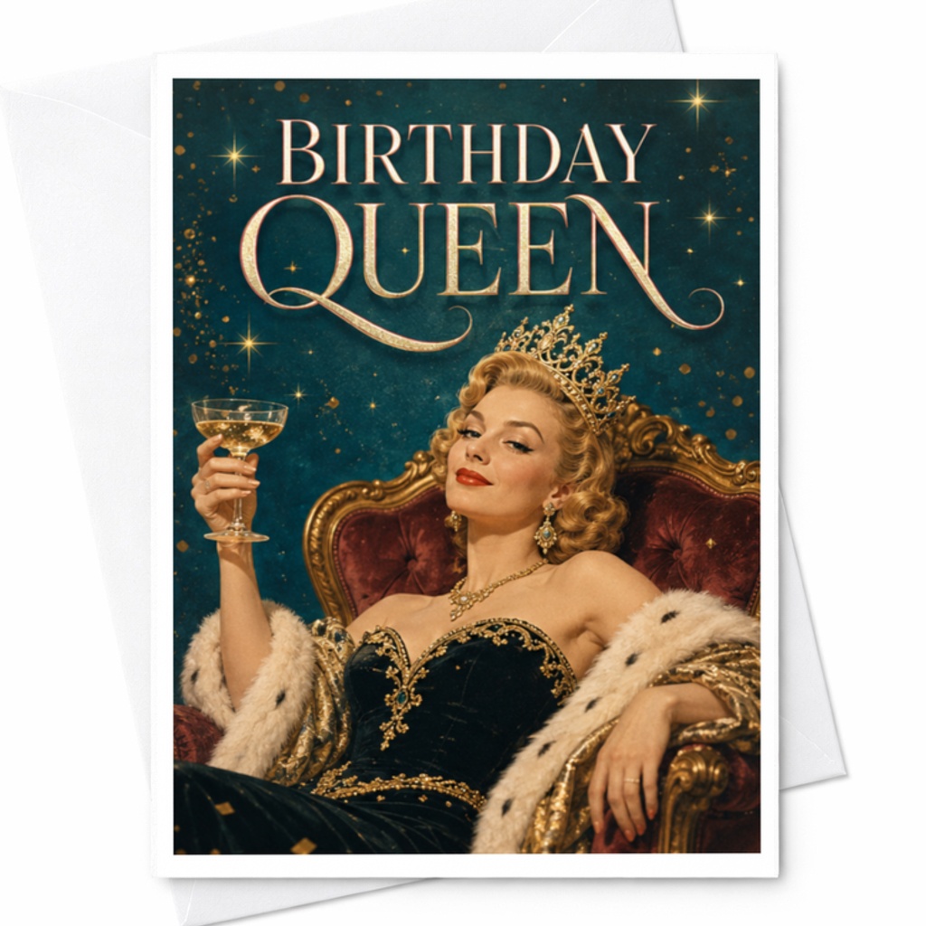 Birthday Queen Vintage Style Birthday Card For Her Elegant Celebration Fun Greeting Card For Women With Crown And Champagne C3520