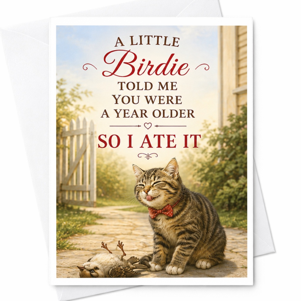 A Little Birdie Told Me You Were A Year Older So I Ate It Funny Birthday Card Cat And Bird For Friends Family Colleagues C3528